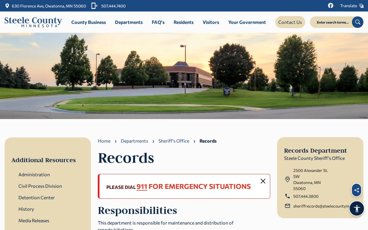 Steele County Sheriff records page for booking record and mugshot requests