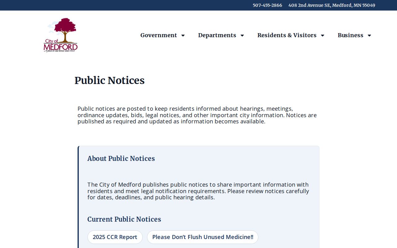 City of Medford public notices page with data-access and clerk-contact information
