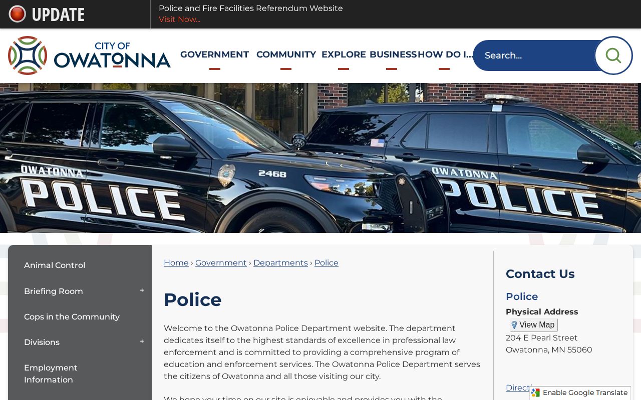 Owatonna Police Department webpage showing police contact and lobby information